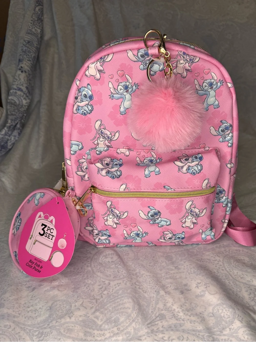 Disney Stitch, Angel, Stitch & Angel Mini Backpack - Textured Faux Leather Feel
